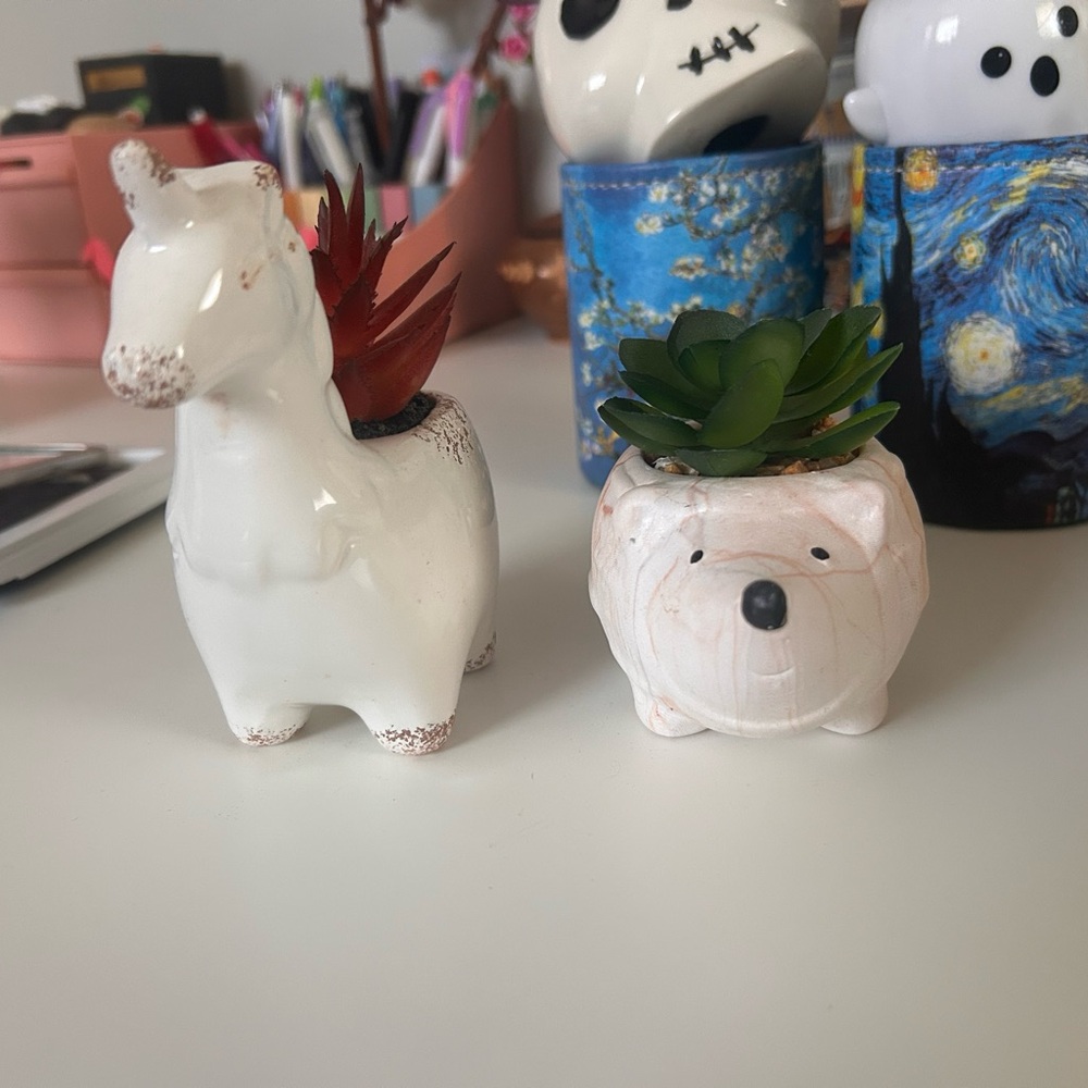 Charming White Llama and Bear Planter Set